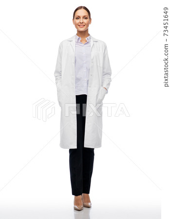 smiling female doctor or scientist in white coat 73451649