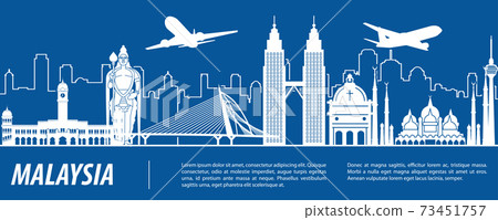 Malaysia famous landmark silhouette with blue and white color design 73451757