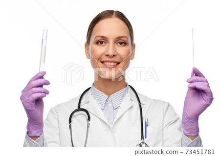 happy female doctor with test tube and cotton swab happy female doctor with test tube and cotton swab 73451781