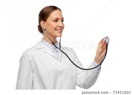 happy smiling female doctor with stethoscope 73451802