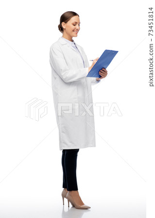 happy smiling female doctor with clipboard 73451814