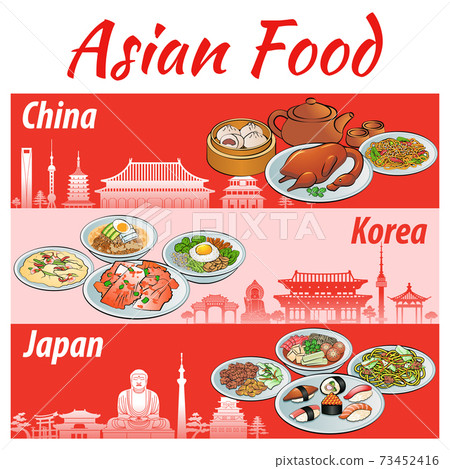 Set of delicious and famous food banner of Asia Japan,China,Korea in colorful gradient design and landmarks Set of delicious and famous food banner of Asia Japan,China,Korea in colorful gradient design and landmarks 73452416