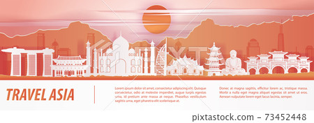 Asia famous landmark paper art with orange red color design Asia famous landmark paper art with orange red color design 73452448