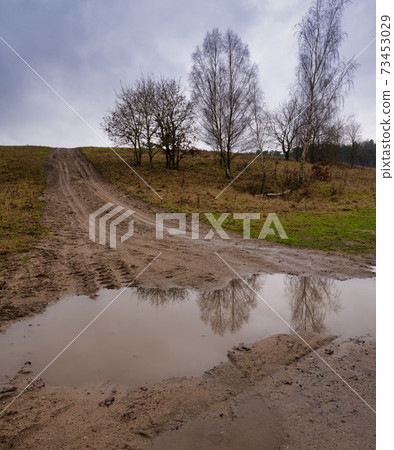 A muddy puddle and a dirt road at a moor. Picture from Revingehed, Scania, Sweden A muddy puddle and a dirt road at a moor. Picture from Revingehed, Scania, Sweden 73453029