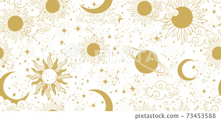 Seamless golden space pattern with sun, crescent, planets and stars on a white background. Mystical ornament of the mystical sky for wallpaper, fabric, astrology, fortune telling. Vector illustration. Seamless golden space pattern with sun, crescent, planets and stars on a white background. Mystical ornament of the mystical sky for wallpaper, fabric, astrology, fortune telling. Vector illustration. 73453588