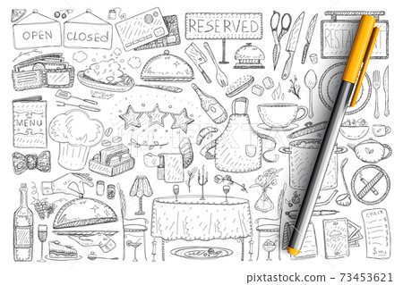 Restaurant and cafe elements doodle set Restaurant and cafe elements doodle set 73453621