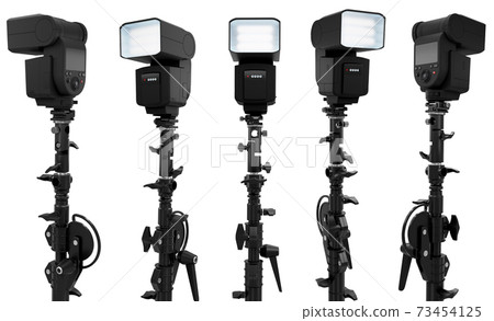 Camera external flash speedlight on stand isolated on white background. Camera external flash speedlight on stand isolated on white background. 73454125