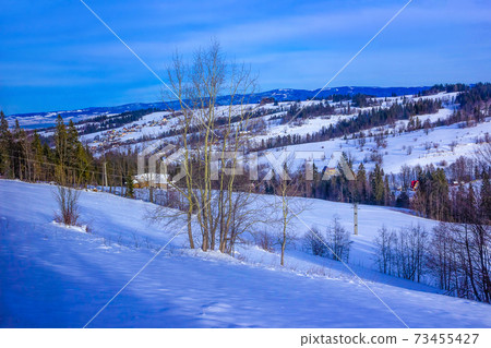 Wooden chalet in winter in Zakopane - Tatra Mountains Wooden chalet in winter in Zakopane - Tatra Mountains 73455427