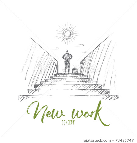 Hand drawn businessman standing at top of stairway 73455747