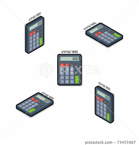 Calculator and Digital number Isometric & Flat Black Stroke and Shadow icon vector. 73455987