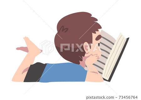 Cute Boy Lying on Floor and Reading Book, Kid Enjoying of Literature, Elementary School Student Character Cartoon Style Vector Illustration 73456764