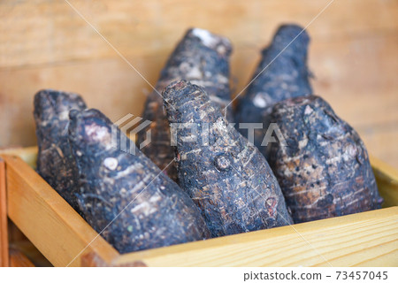 Taro root ready to cook, Raw organic brown taro on wooden table. Taro root ready to cook, Raw organic brown taro on wooden table. 73457045