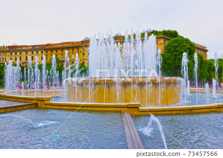 The fountain on place at Sforza Castle in day. Milan, Italy The fountain on place at Sforza Castle in day. Milan, Italy 73457566
