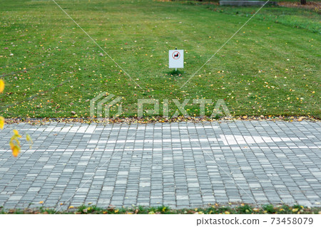 A bicycle path made of paving slabs with markings and a traffic direction arrow are prohibited in the park against a green lawn with the sign of dog walking. A bicycle path made of paving slabs with markings and a traffic direction arrow are prohibited in the park against a green lawn with the sign of dog walking. 73458079