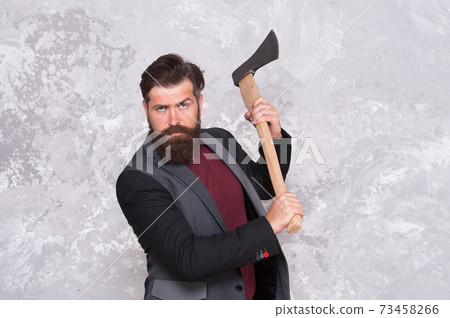 Brutal business. Man with axe. Bearded man hold axe. Brutal business. Man with axe. Bearded man hold axe. 73458266