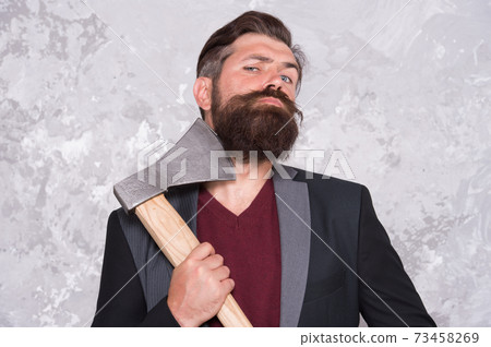Good beard needs good blade. Bearded man hold axe Good beard needs good blade. Bearded man hold axe 73458269