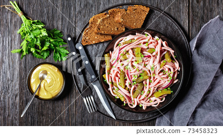 German wurstsalat of sausage and pickled cucumbers 73458323