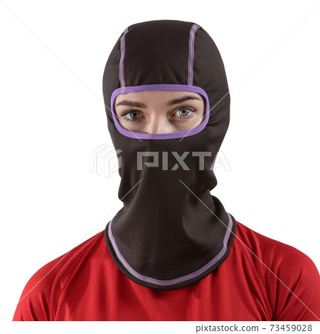 pretty brunette with long hair in a red shirt with a black balaclava with purple edging 73459028