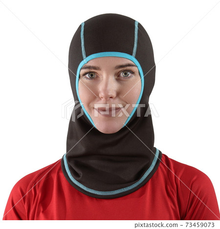 pretty brunette with long hair in a red shirt with a black balaclava with blue edging 73459073