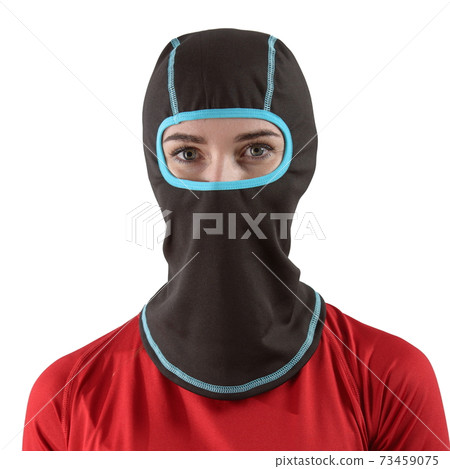pretty brunette with long hair in a red shirt with a black balaclava with blue edging 73459075