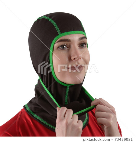 pretty brunette with long hair in a red shirt with a black balaclava with green edging 73459081