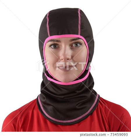 pretty brunette with long hair in a red shirt with a black balaclava with pink edging 73459093