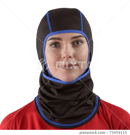 pretty brunette with long hair in a red shirt with a black balaclava with blue edging pretty brunette with long hair in a red shirt with a black balaclava with blue edging 73459115