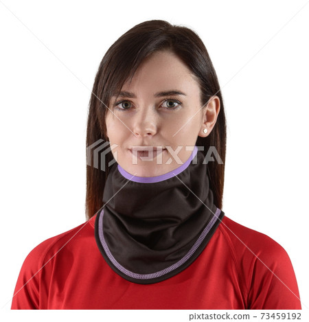 pretty brunette with long hair in a red shirt with a black balaclava with purple edging 73459192