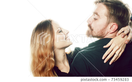 young tender couple, man and woman in love isolated on white, fooling around real modern hipster marriage, lifestyle people concept 73459283