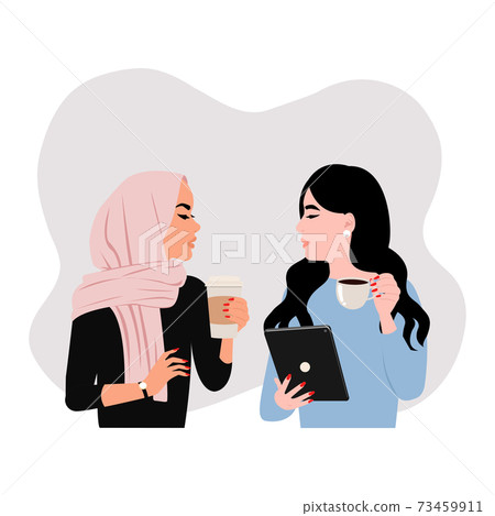Female colleague having a discussion. Coffee break situation between Hijab and Asian woman. Flat vector design. 73459911
