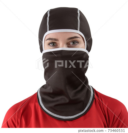 pretty brunette with long hair in a red shirt with a black balaclava with gray edging 73460531