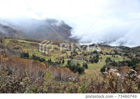 可以俯瞰秋天的南志賀山田牧場,那裡的雲彩從山谷中沸騰。 可以俯瞰秋天的南志賀山田牧場,那裡的雲彩從山谷中沸騰。 73460749