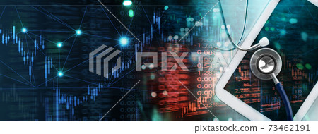 stethoscope and computer tablet with graph of stock market in medical health science business blue banner background 73462191