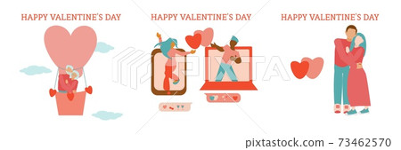 St Valentine cards set Long distance relationships of an interracial couple Young couple dance together through video call Hugging couple Old couple traveling by hot air baloon 73462570