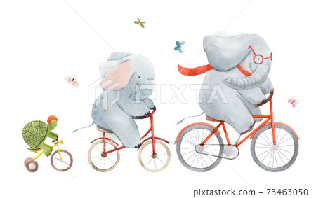 Beautiful stock illustration with watercolor hand drawn cute elephants and turtle on bikes. 73463050