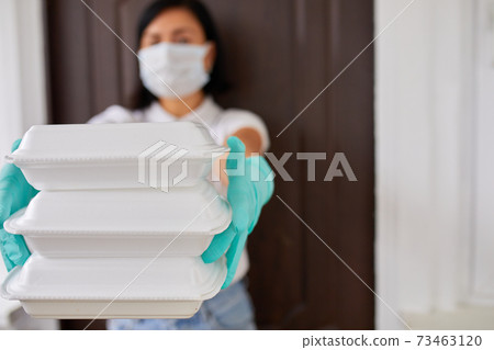 Courier woman hold go box food, delivery service, Courier woman hold go box food, delivery service, 73463120