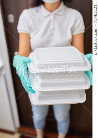 Courier woman hold go box food, delivery service, Courier woman hold go box food, delivery service, 73463121