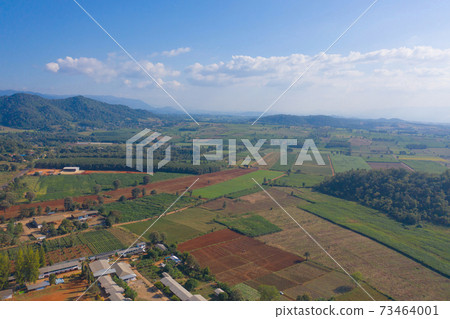 Aerial top view of fresh grass, rice and crops field with green mountain hill in agriculture concept. Nature landscape background in Thailand. harvest Aerial top view of fresh grass, rice and crops field with green mountain hill in agriculture concept. Nature landscape background in Thailand. harvest 73464001