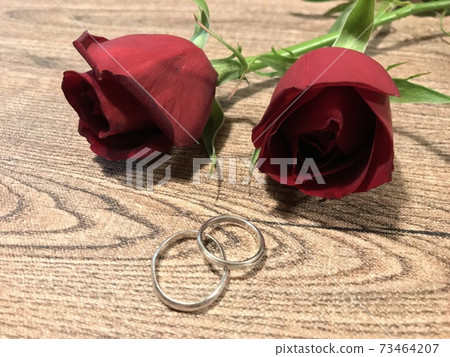 紅玫瑰和結婚戒指放在木桌，婚姻，訂婚，婚姻活動圖像 73464207