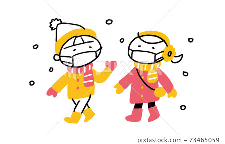 Two children going out with masks in winter Two children going out with masks in winter 73465059