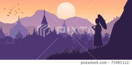 monk hold umbrella on cliff and looks for pagoda sea monk hold umbrella on cliff and looks for pagoda sea 73465122