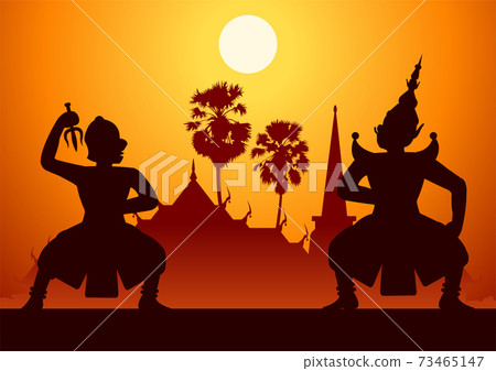 Thai ancient literature play,Ramayana,king of monkey ready to fight with king of giant,silhouette style,scenery background Thai ancient literature play,Ramayana,king of monkey ready to fight with king of giant,silhouette style,scenery background 73465147