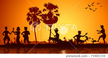 Country life drum dance,fishing and cock fight gambling 73465150