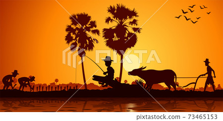 country life of Asia boy fishing while farmer plant rice and another plow field by buffalo on sunrise time,silhouette style country life of Asia boy fishing while farmer plant rice and another plow field by buffalo on sunrise time,silhouette style 73465153