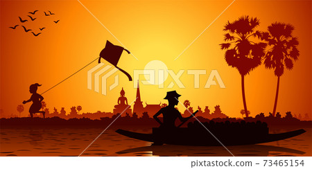 Country life of Asia boy play kite and fisherman row boat to back home on sunset time Country life of Asia boy play kite and fisherman row boat to back home on sunset time 73465154