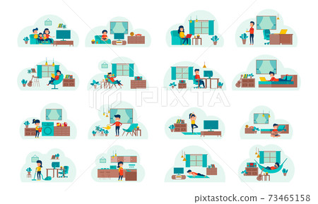 set of cartoon version of working home and stay home with flat design set of cartoon version of working home and stay home with flat design 73465158
