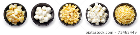 Bowl of Parmesan, Mozzarella and soft cheese isolated on white 73465449