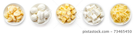 Bowl of Parmesan, Mozzarella and soft cheese isolated on white 73465450
