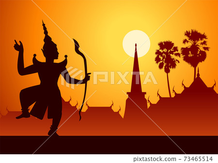 Thai ancient literature play of Ramaya called pantomine leader of monkey ready to fight with king of giant,silhouette style,vector illustration Thai ancient literature play of Ramaya called pantomine leader of monkey ready to fight with king of giant,silhouette style,vector illustration 73465514