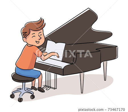 Smiling cute boy playing piano isolated on white 73467170